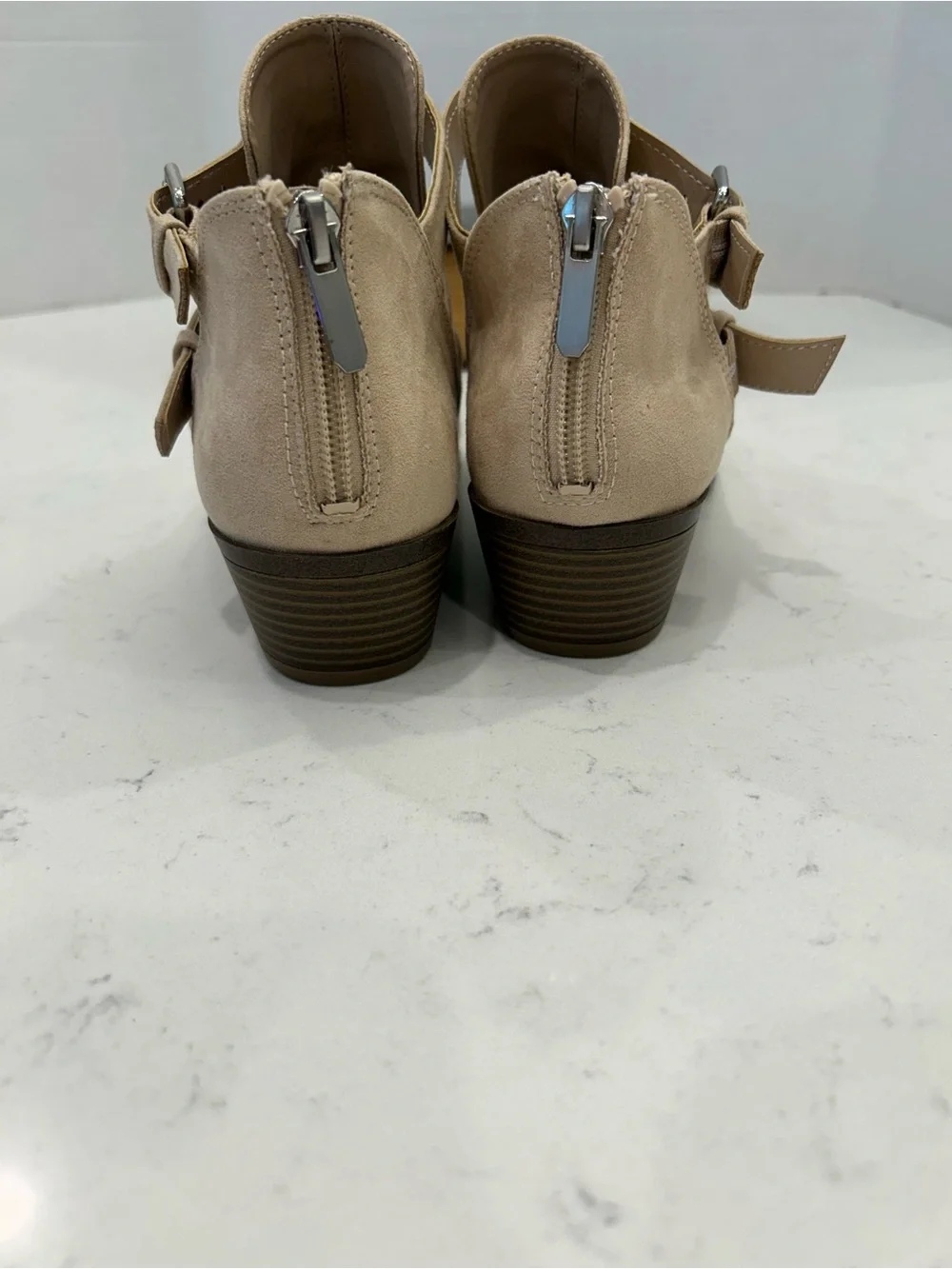 Francesca's Collections Beige Suede Double-Buckle Ankle Booties